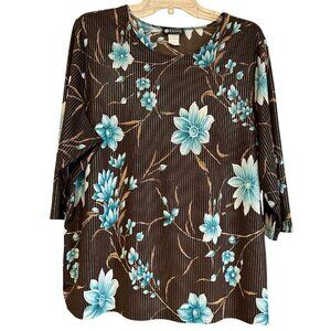 Maggie Barnes Dark Floral 3/4 Sleeve Top 1X Brown Blue Gold Pullover‎